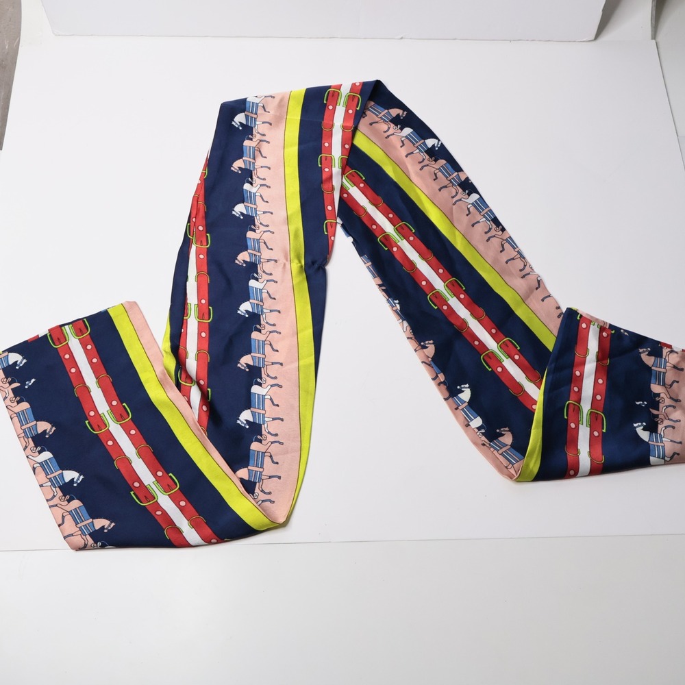 Handmade Equestrian Horse & Belt Print Skinny Scarf Navy Pink Lime‎ Green 56" - Picture 2 of 4